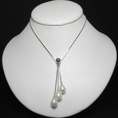 Solid Sterling Silver .925 Triple Dangle 7-7.5mm Cultured Pearls Necklace TPJ