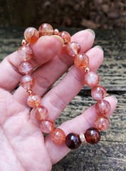 Red Phantom Quartz Gemstone Bracelet With Hessonite Garnet Stretch Beads 6.50″