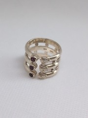 Modern Red Garnet Three Row Wrap Cocktail Sterling Silver Ring Size 6.5