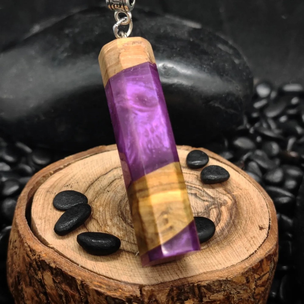 One of a Kind Handmade Olive Wood Resin Necklace Geometric Artisan Jewelry