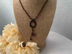 Antique Copper with Amethyst Chips Pendent on Brown Cotton Cord Necklace NEW