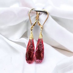 Lab Made Pink Tourmaline Wire Wrapped Earrings 14K Gold Filled , 8th Anniversary