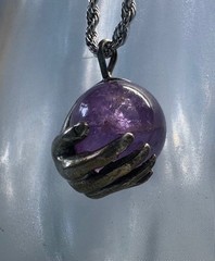 Sterling Silver hand holding Amethyst Cryatal ball Solitaire pendant by JKL 232