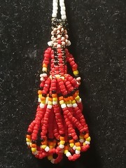 Handmade First Nation Woman Earrings With White Red Black And Yellow Seedbeads