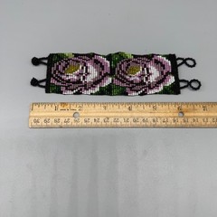 Handcrafted Beaded Bracelet With Purple Floral Design & Adjustable Loop Closures