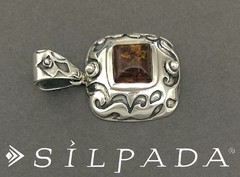 SILPADA Sterling Silver Etched Large Square COGNAC BALTIC AMBER Pendant~#S0908