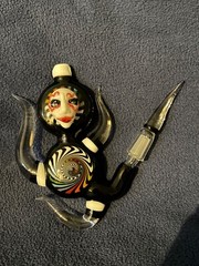 Handmade Glass Pendant Dab Rig with Face and Spiral, 10mm Rainbow Black&White