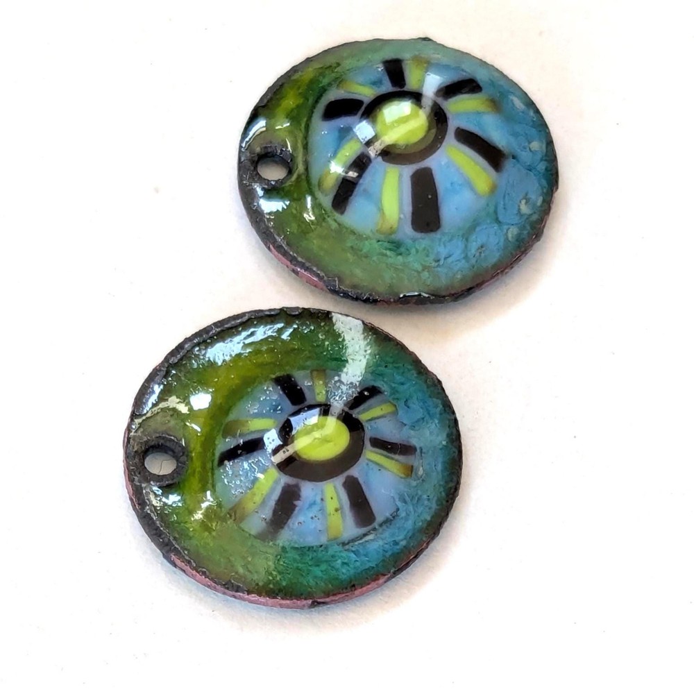 Enameled Charms Handmade Floral Murrini Green Blue Pair 16mm (20398)