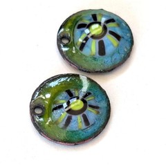 Enameled Charms Handmade Floral Murrini Green Blue Pair 16mm (20398)