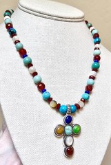 LOVELY Artisan Sterling Silver Turquoise, Lapis, Carnelian, Etc. Cross Necklace