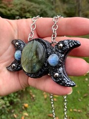 Huge Labradorite Pendant Necklace Triple Moon Artisan Handcrafted