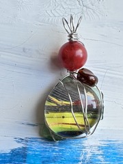 Art Glass Pendant Hand Painted Cabochon, OOAK Wire Wrapped Handmade 4226 Y
