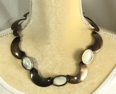 Artisan Necklace Metal Mother of Pearl Curved Collar Brutalist Modernist – 19 in