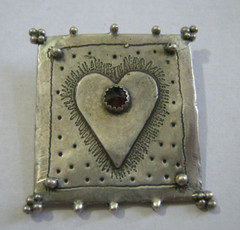Handcrafted Silver 1 1/2″ Brooch with Sunray Heart set w/ Red Cabochon