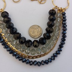 Layered Bib Necklace Gold Tone Black Gray Crystal Israeli Artisan Statement 90s