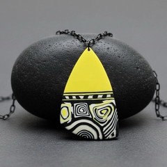 Handmade Yellow Black & White Graphic Print Large Polymer Clay Pendant Necklace