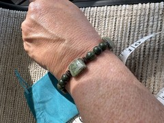 Green Serpentine Jasper Beaded Bracelet Copper Toggle Clasp Moss Matrix 8.25″