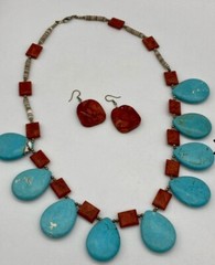 Southwestern Natural Coral & Turquoise Necklace and Earrings Set