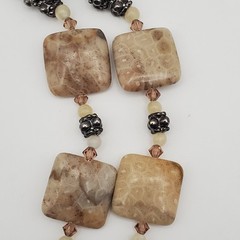 Artisan Hand Crafted Fossil Petoskey Stone Crystal Silver Tone Necklace 18″