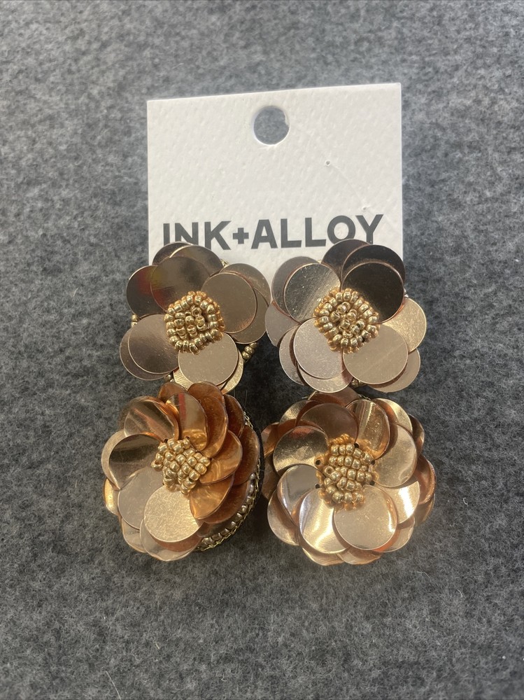 Ink + Alloy Gold Double Flower Post Earrings Statement Wedding Metallic