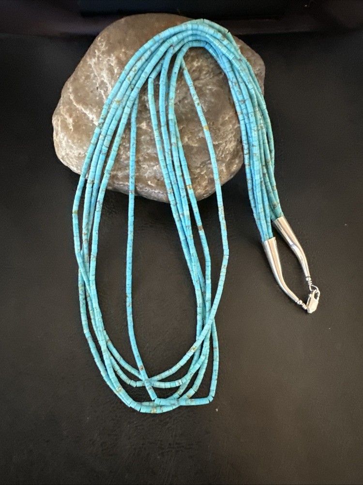 Native Blue Turquoise Heishi 5 Strand Sterling Silver Necklace 24” 19458