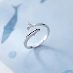 Sterling Silver Dolphin Ring,Dainty Fish Ring for Women Adjustable Open Ring