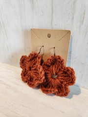 Handmade Croched Burnt Orange Flower Dangle Earrings Made With Nickel Free Hooks