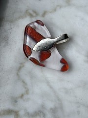 Artisan Fused Glass Pendant Orange Red And White abstract With Silver Ball
