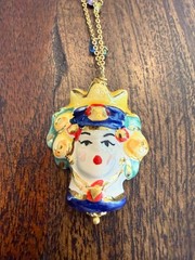 Hand Painted Sicilian Testa di Moro Ceramic Pendant Necklace Crystal Beads 17.5″