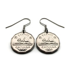 1959 Canada 5 C coin earrings Canadian beaver maple Ottawa Toronto Quebec 000705