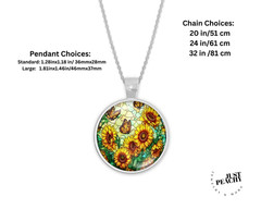 Yellow Butterfly Sunflower Stained Glass Art Silver Jewelry Necklace Set