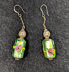 Lampwork Art Glass Dangle Earrings Sterling Silver Hook Green Pink Rose w Foil