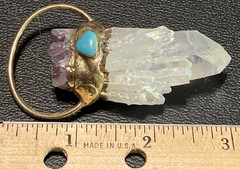 Handcrafted Angel Quartz Turquoise Gold Metal Pendant 3” Natural Gemstone USA