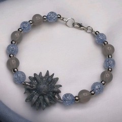 Handcrafted Silver Memory Wire Blue Gray Beaded Bracelet Polymer Clay Pendant