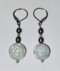 Green Freshwater Pearl Rose Carved Amazonite Steel Leverback Earrings