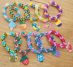 Rainbow Loom Rubber Band Bracelets 10 Pack Count Lot Handmade Fishtail W/ Charms