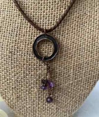 Antique Copper with Amethyst Chips Pendent on Brown Cotton Cord Necklace NEW