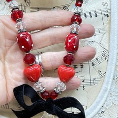 Adorned Crown Jewelry assemblage red heart bead crystal drop ribbon necklace