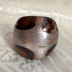 Artisan Lampwork Style Art Glass Dome Ring Sz 6.25 Luminous Brown Silver Copper