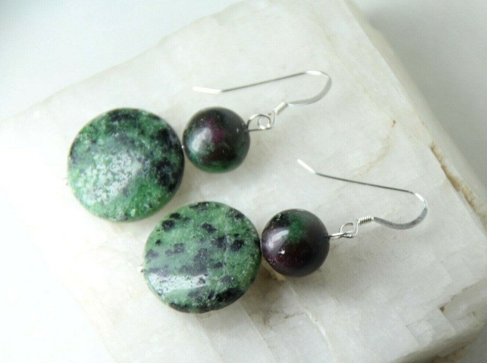 Ruby Zoisite Green 18mm Coin Gemstone .925 Sterling Silver Earrings 1 3/4″