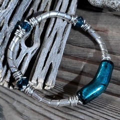 Edgy Silver Teal Green Blue Foil Glass Metal and Crystal Stretch Bracelet