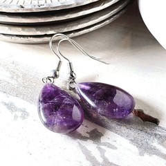 Amethyst Gemstone Puffed Teardrop Handcrafted Purple Silver Dangle Earrings