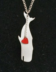White Enameled Copper Whale Pendant Necklace 18” Silver Tone Chain Red Heart