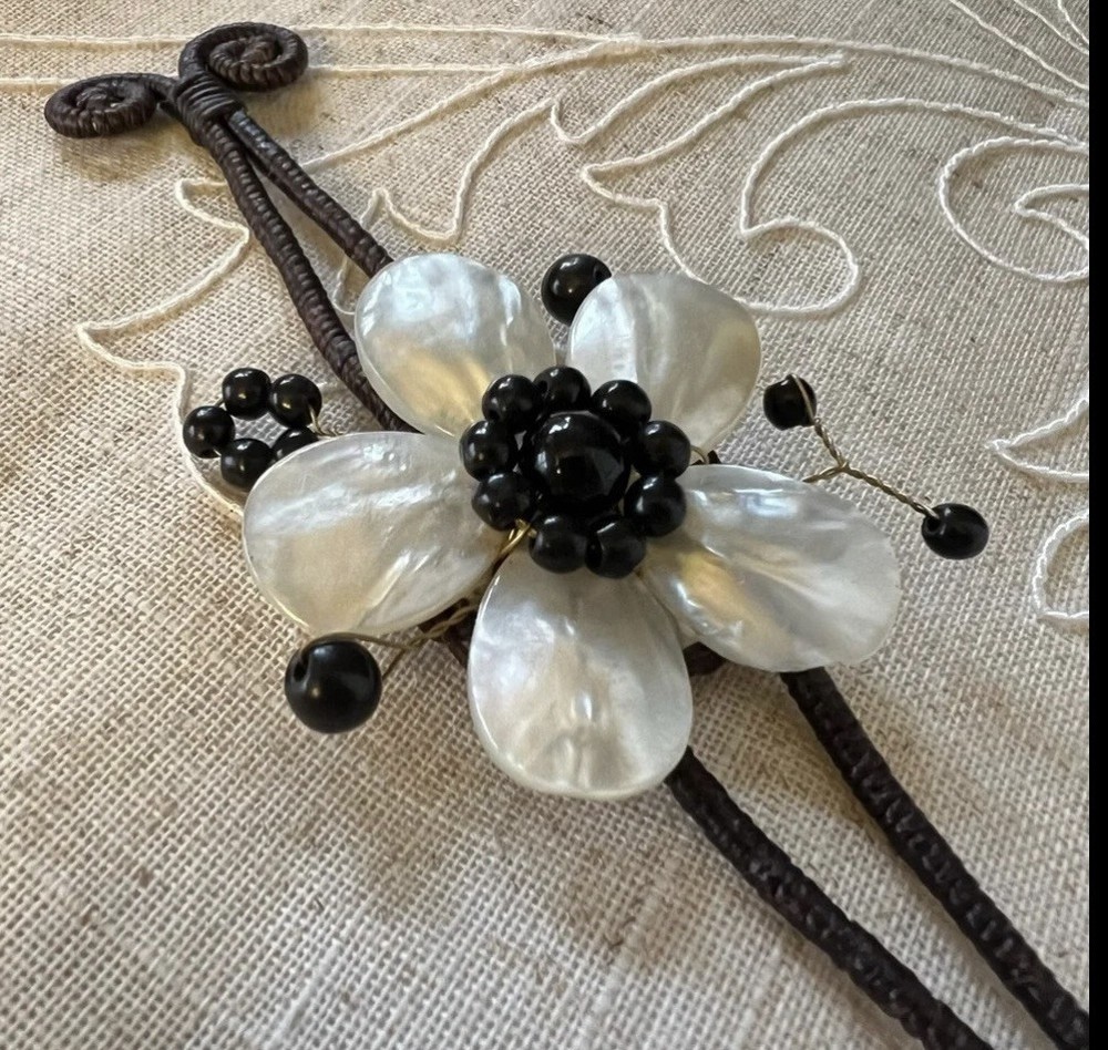 Cuff Bracelet Womens Handcrafted Natural Stone Flower Mother of Pear Glam Gift
