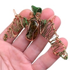 Natural Dragon Bloodstone Copper Wire Wrap Bat Pendant Handmade Gothic Gift