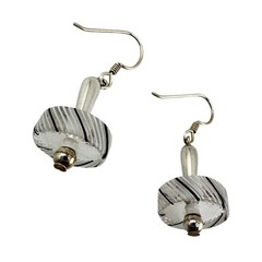 925 Sterling Silver Handmade Artisan Art Glass Clear Black White 1.5″ Earrings