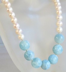 NATURAL BLUE LARGE MILKY AQUAMARINE WHITE PEARL 925 Silver NECKLACE Joy’s Jewels