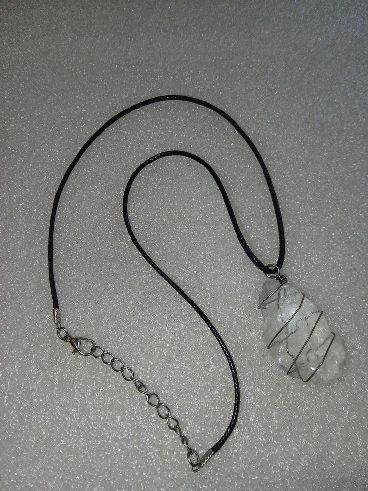 Clear Quartz Crystal Necklace Handmade Silver Wire Wrap Pendant Black Cord Chain