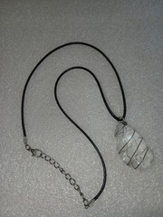 Clear Quartz Crystal Necklace Handmade Silver Wire Wrap Pendant Black Cord Chain