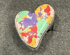 Heart Shaped Colorful Confetti Artisan Silver Tone Costume Ring Sz 6 1/2 READ